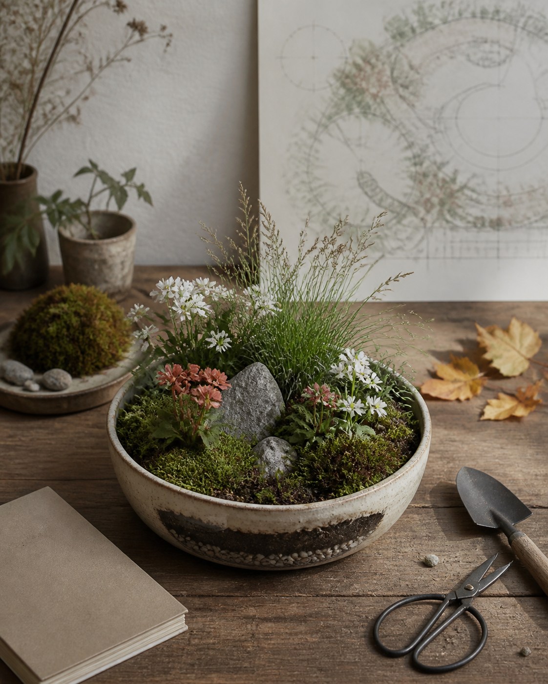 Moss, flowers, and stones arranged in a shallow vessel on a worktable with a notebook and gardening tools
