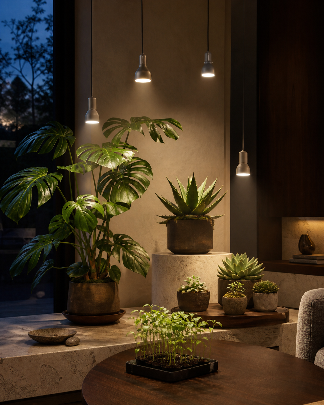 At dusk, different pools of light fall across a Monstera, an Agave, succulents and seedlings in a quiet interior