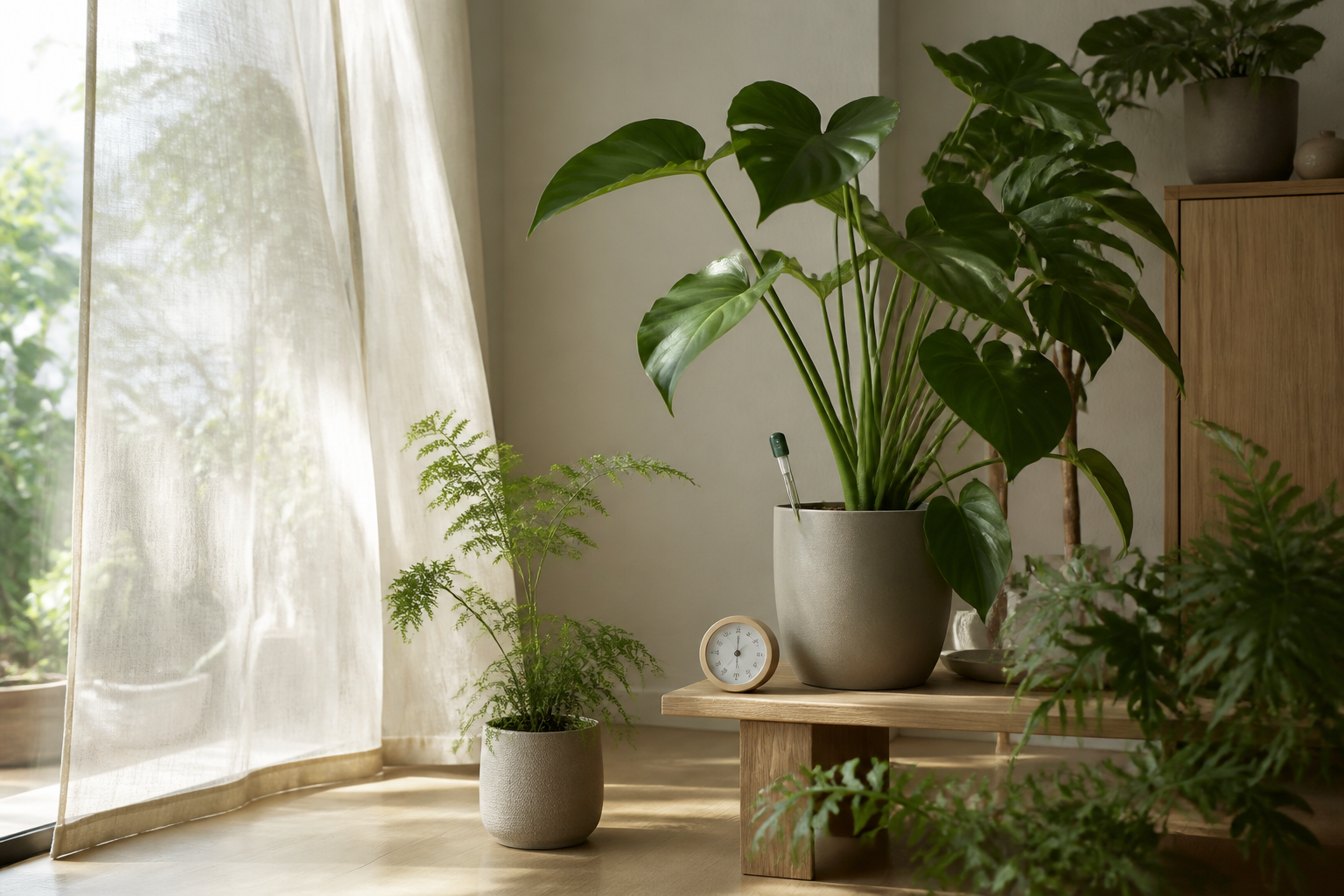 薄いカーテンから夏の光が入る室内に、鉢植えの観葉植物と小さな計器、水分の目印が静かに置かれている