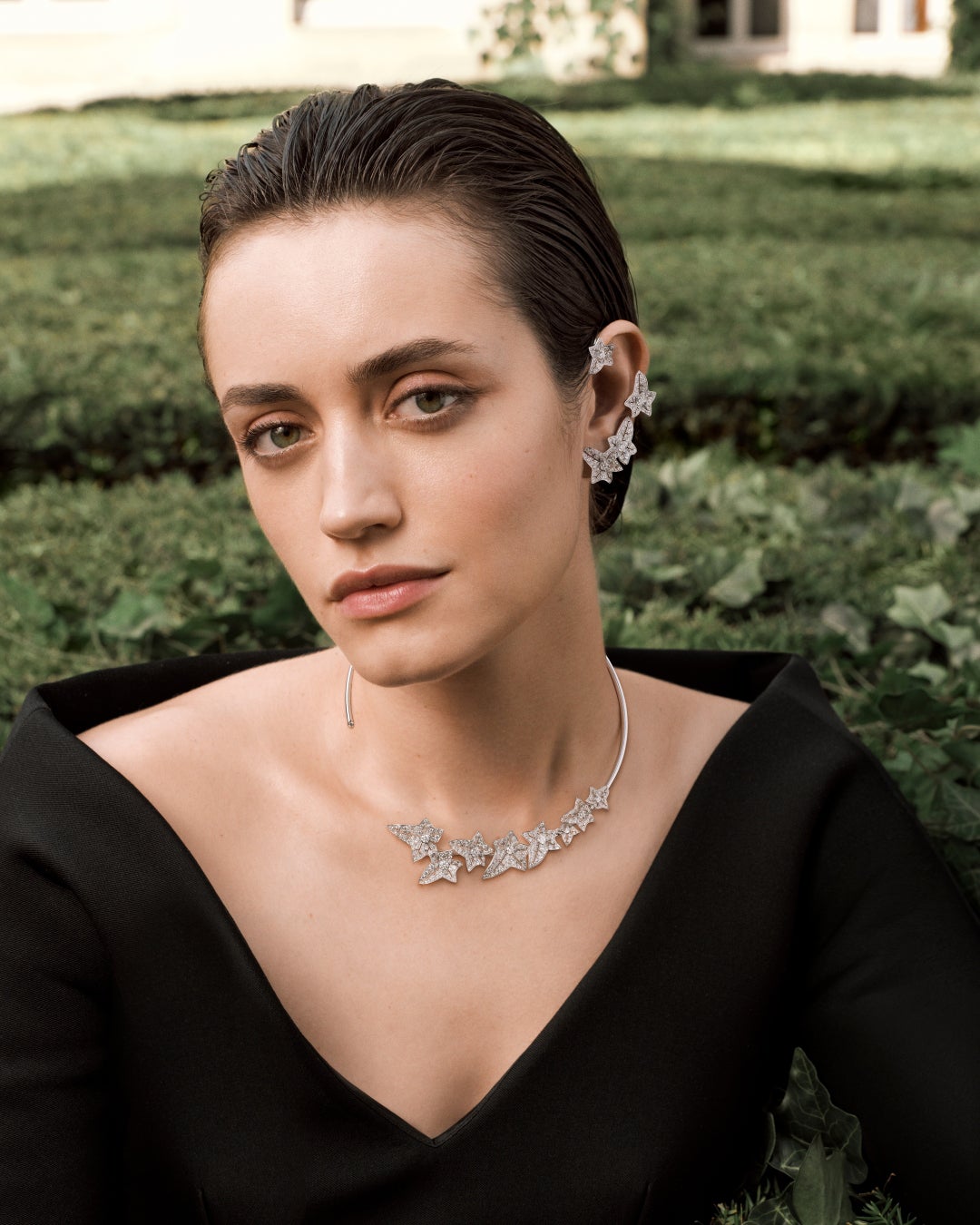 Boucheron official visual showing a model wearing the Lierre de Paris necklace and earrings
