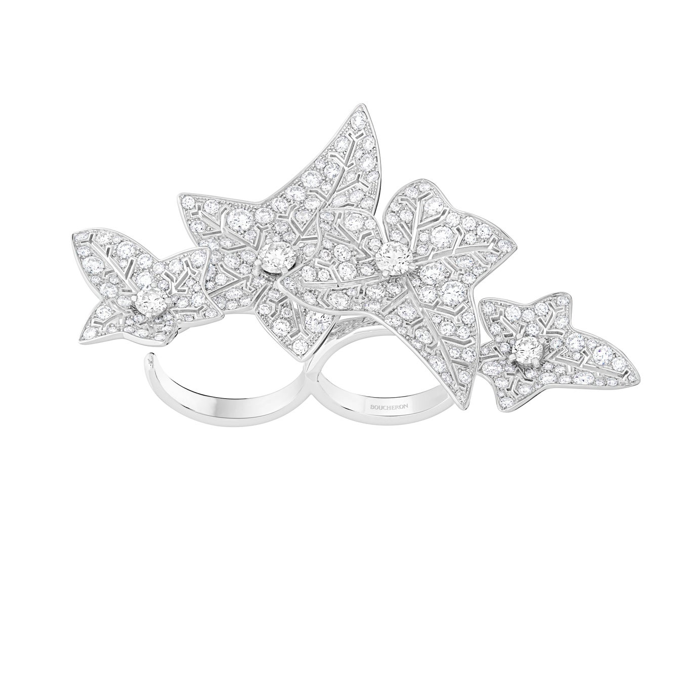 White gold and diamond ivy leaves and veins on the Lierre de Paris two-finger ring