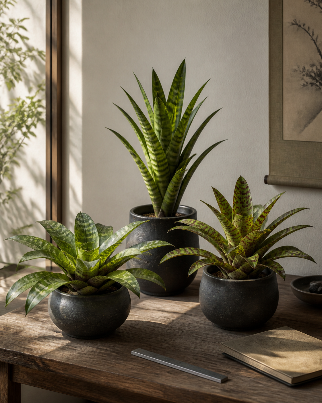 Three tank bromeliads with different rosette shapes in separate pots beside a ruler and notebook at a window