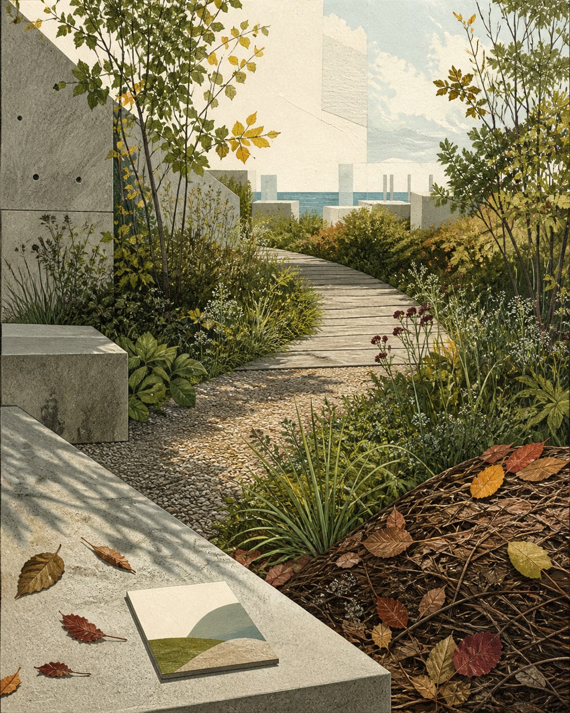 An imagined garden where plants grow between concrete structures overlooking the sea, with a boardwalk and a mound of fallen leaves